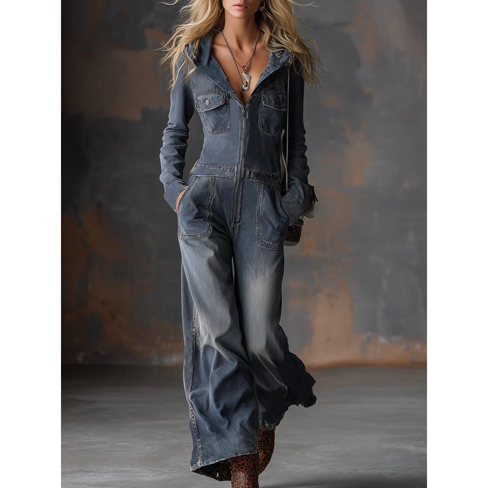 Oyrosy Denim Hooded Jumpsuit Faded Black Wide Leg Zip Front XS NWOT